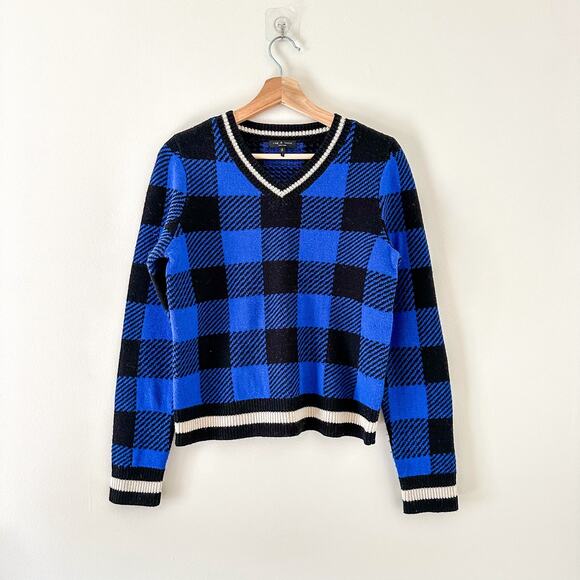 Rag & Bone Gabby Wool Buffalo Check V-Neck Pullover Sweater Blue/Black S - Picture 1 of 10